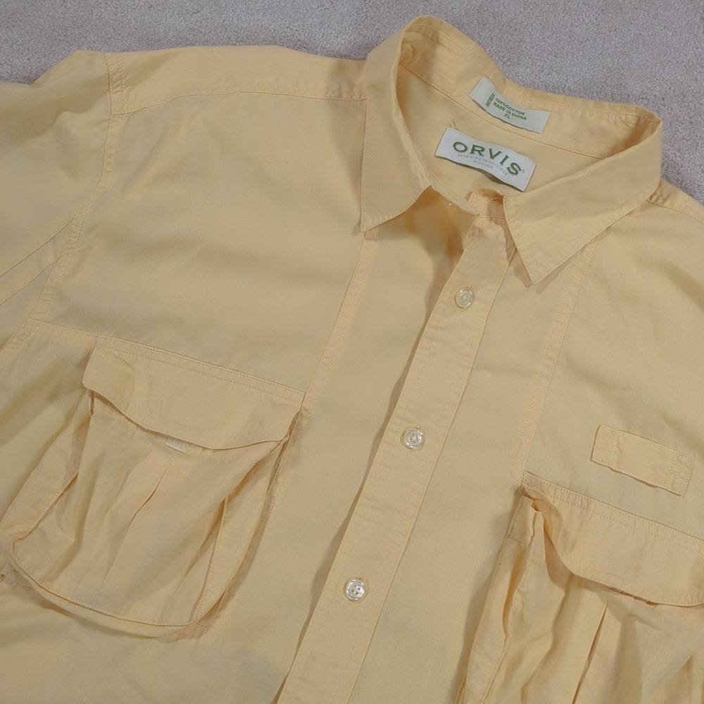 Orvis Sporting Traditions XL Yellow Cotton Short Sleeve Button Up Shirt Cotton